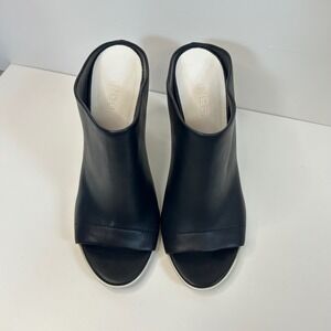 Vince. Quiet Luxury Black Leather Open Toe Block Heel Mules Size 8 Wood Heel